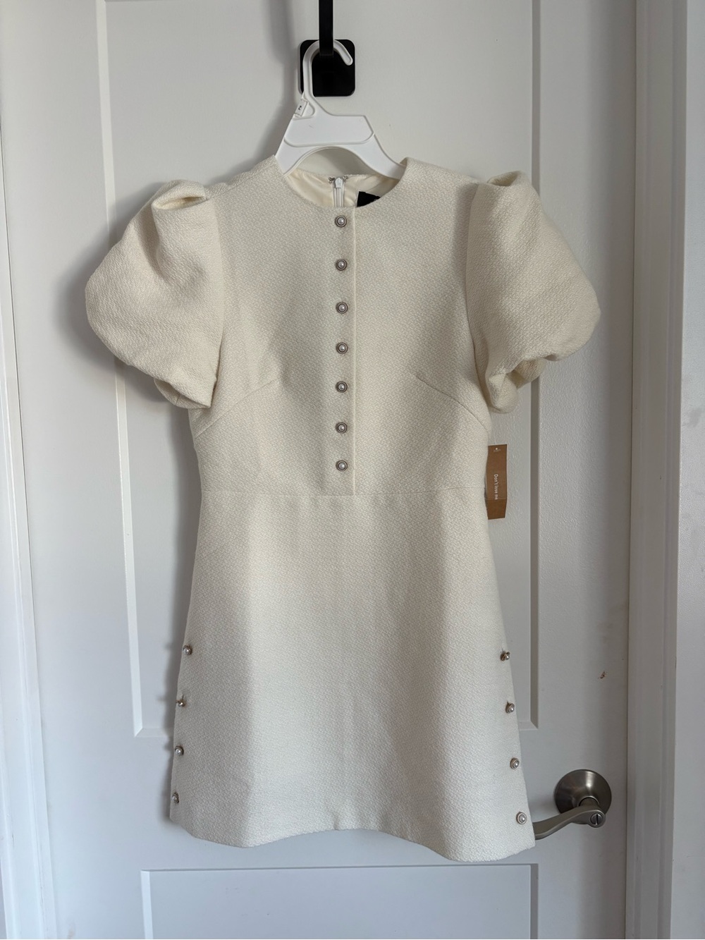 Cream Puff-Sleeve Mini Dress with Button Accents